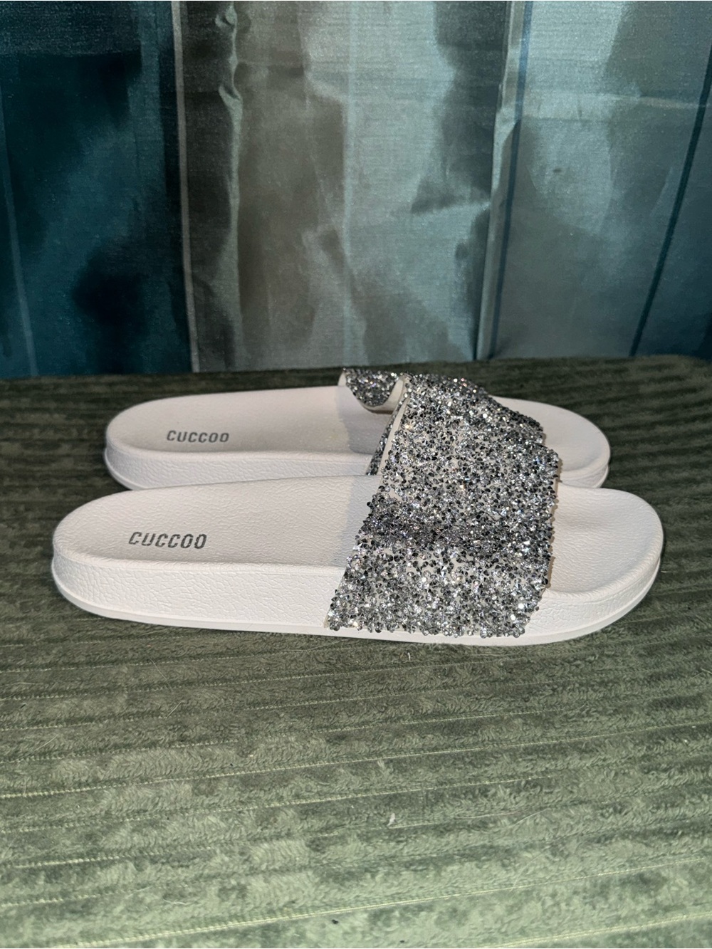 CUCCOO Silver Glitter Slide Sandals for Women